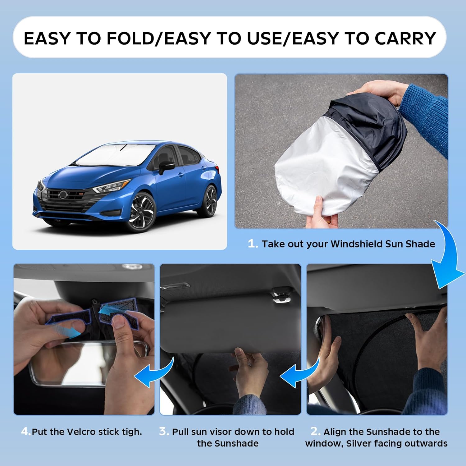 Sun Shade Sunshade for Nissan Versa 2021-2024 2025 Windshield Cover, 4-Layers Sun Shield 250T Silver Coating Sun Visor Foldable Window Shade Blocks UV Rays Car Accessories