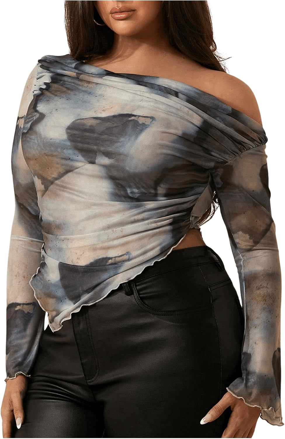 MakeMeChic Women's Plus Size Casual Mesh One Shoulder Lettuce Trim Ruched Asymmetrical Hem Tee Shirt Tops
