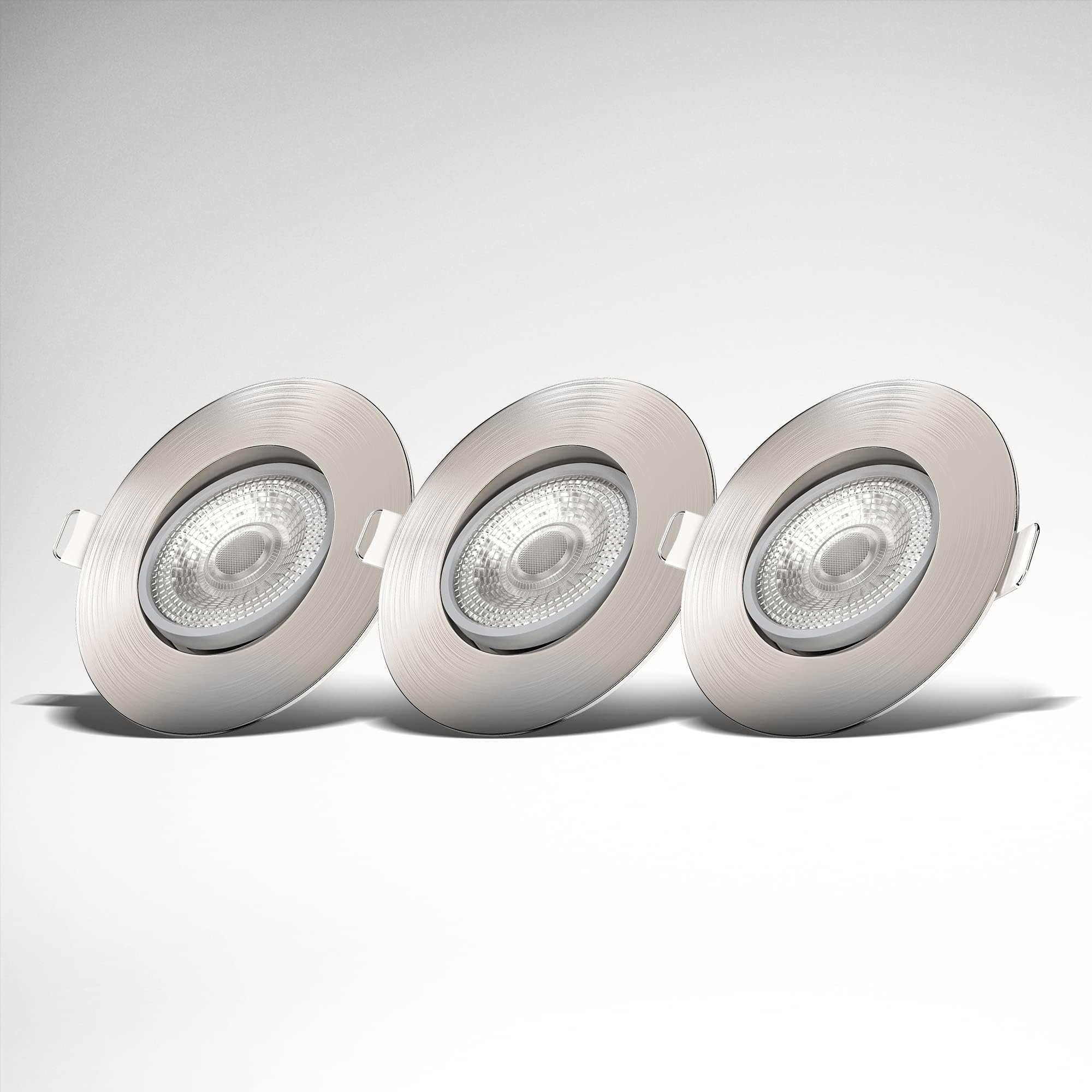 B.K.Licht - Set 3X LED Recessed Downlights 230V Adjustable, Dimmable, Downlight, Ceiling Spotlight, LED Lights, Spotlight, Recessed Spotlights, 68mm Cutout, 90X24 mm, Nickel Matt Colour