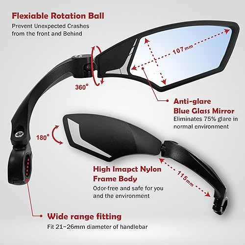 Miniatura 17 de Hafny - Espejo para manubrio de bicicleta, HD, resistente a impactos, con lente de cristal, HF-MR095 (antirreflejo para el lado izquierdo)