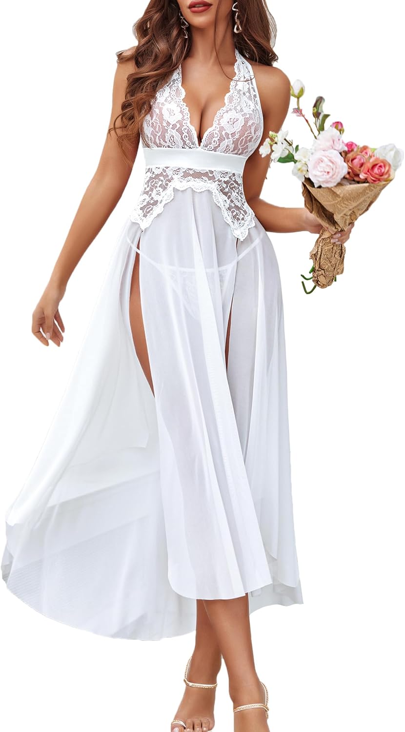 Avidlove Women Lingerie Deep V Neck Nightwear One Piece Sexy Nightgowns Mosaic Lace Mesh Dress