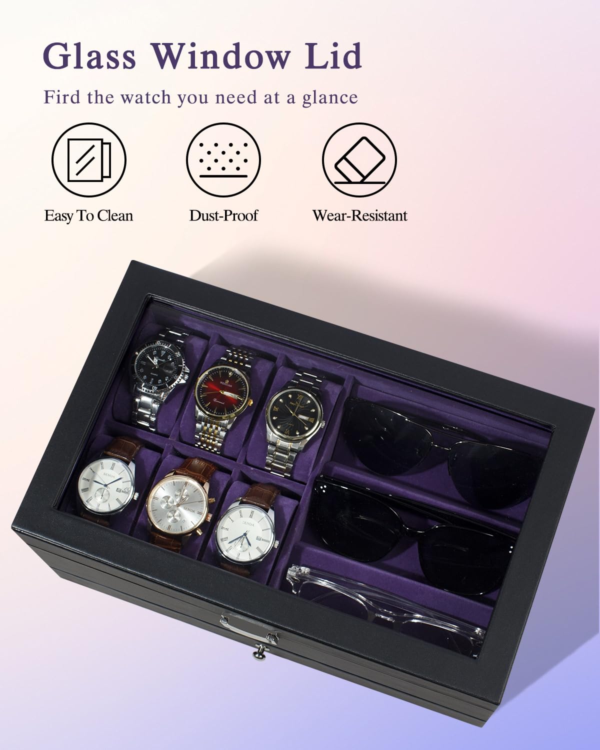 Caja para relojes, estuche para relojes de 6 ranuras, organizador de gafas de 3 compartimentos, joyero para hombre con tapa de cristal transparente, doble capa con cerradura de llave, regalo, negro-