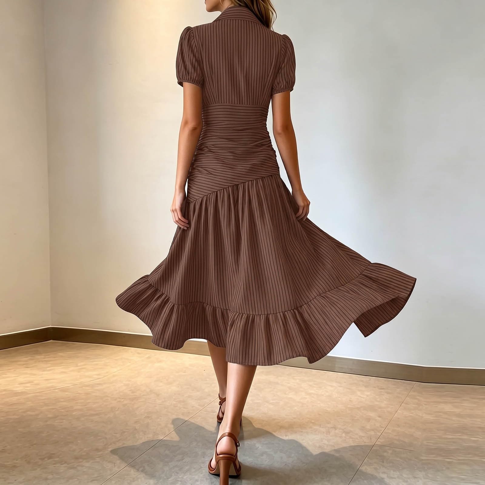 Robe midi plissée en Satin, Moulante à Rayures, col Chemise, Manches Courtes, élégante pour Le Travail ou Un Rendez-Vous.