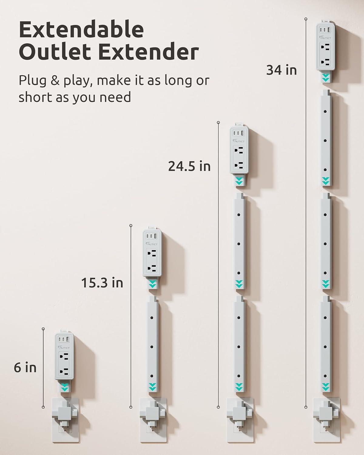 NUTICT Electrical Outlet Extender Stick, 2 AC Outlets & 2 USB-C & 1 USB-A Port, Free Assembly & Flexible Extends 6"-34", Access Hard-to-Reach Outlets Behind Couches, Nightstands, Beds, Desks, Grey