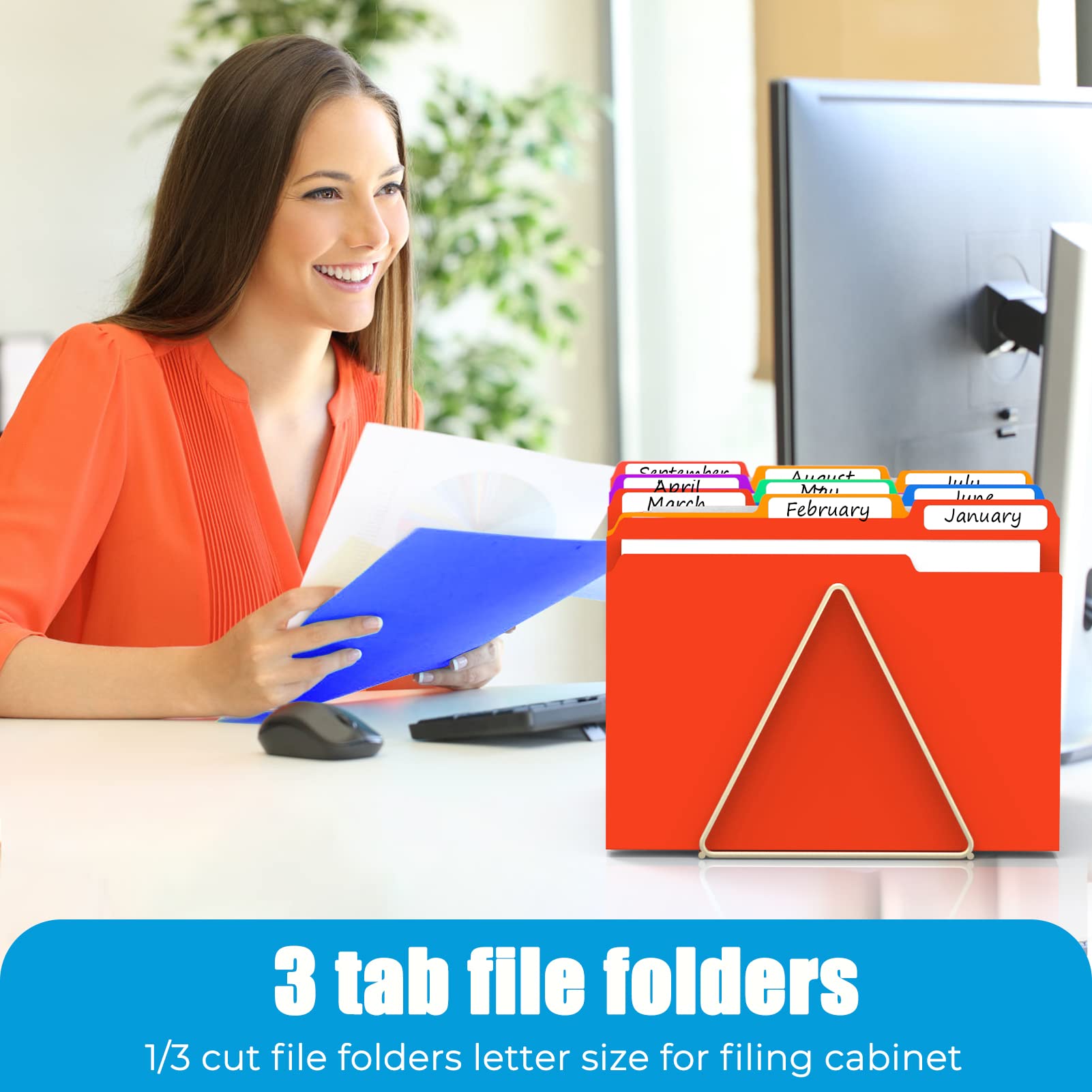 12 Pack Colored Plastic File Folders - Letter Size, 1/3 Cut Tabs, 6 Assorted Colors, Heavy Duty - View #2