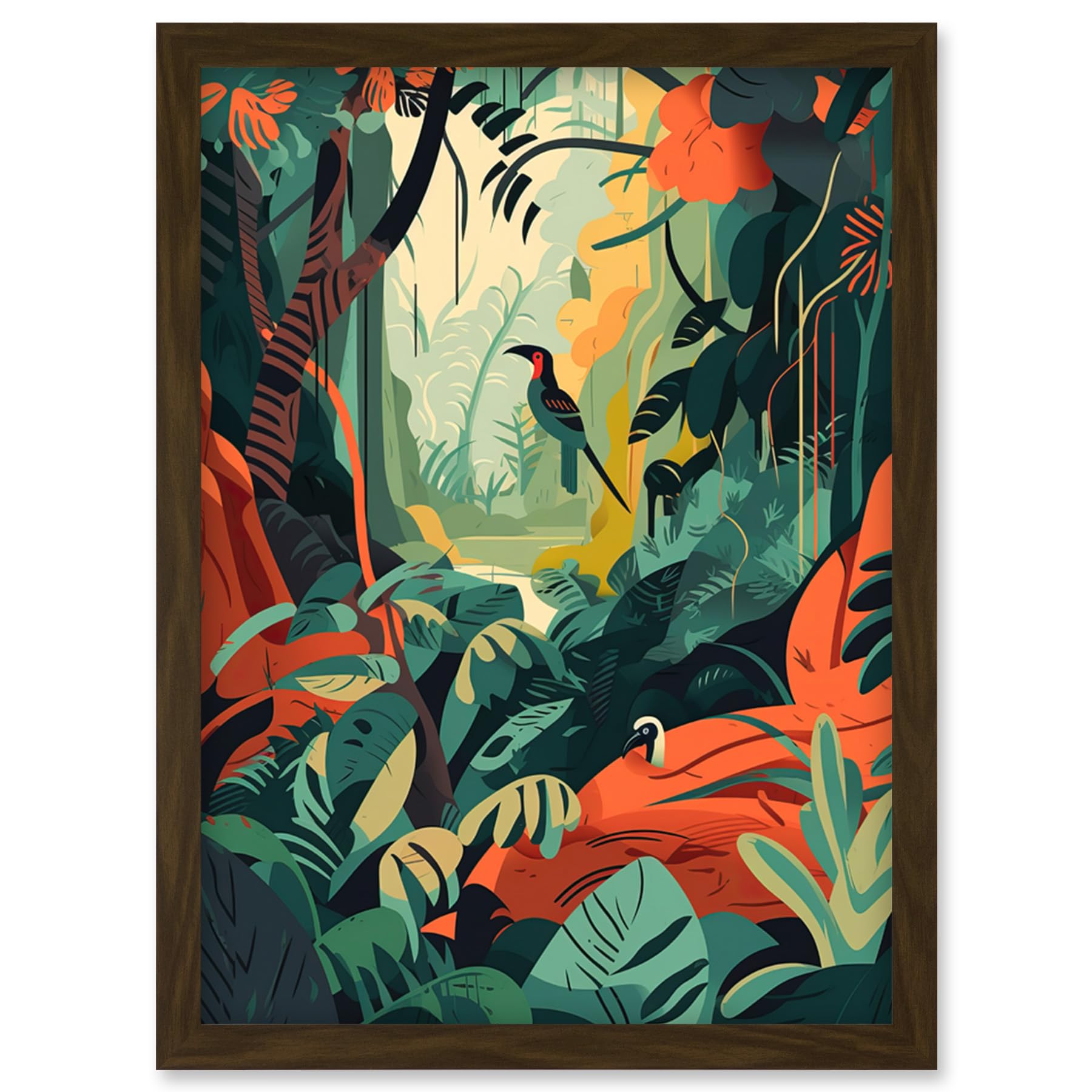 Artery8 Amazon Rainforest Diverse Flora and Tropical Birds Artwork Framed Wall Art Print A4