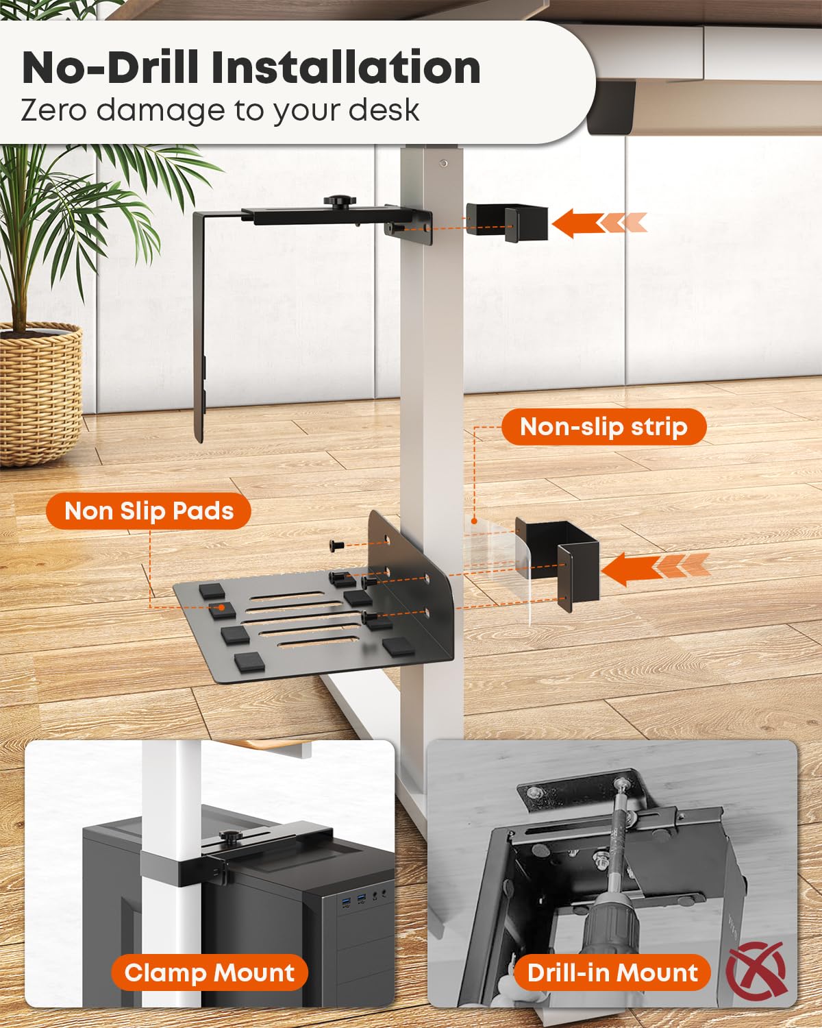 PUTORSEN Supporto da scrivania per PC, senza foratura, capacità 20 kg, larghezza e altezza regolabili, supporto per scrivania con morsetto per scrivania in piedi, adatto solo per gambe da 65 mm x 45