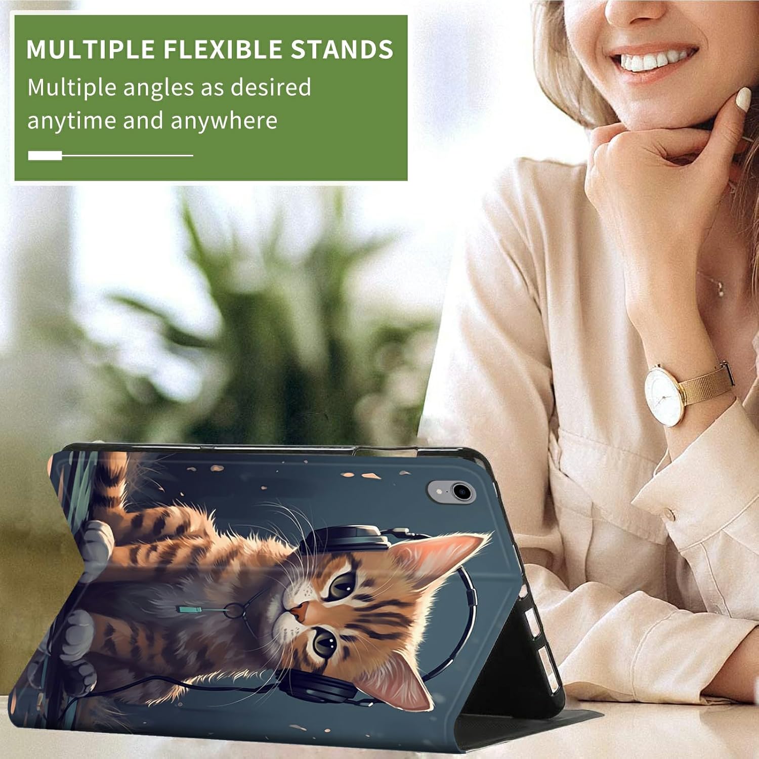 for iPad 10th Generation 10.9 Inch 2022 PU Leather Slim Lightweight Multiple Angles Stand Smart Cover with Auto Wake/Sleep for iPad 10.9 Inch 2022 Tablet,Cat with Headphones