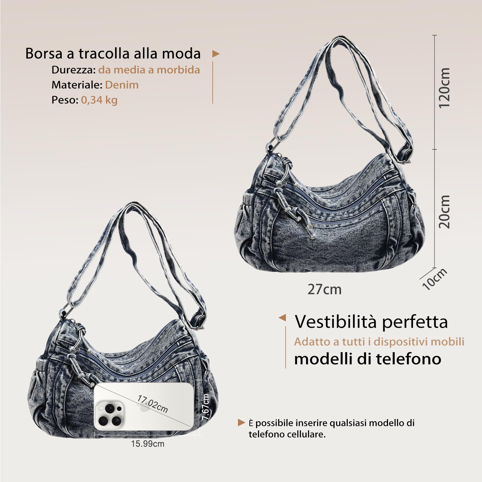 Borsa a Tracolla in Denim da Donna Borsa a Spalla in Jeans Retro Borsa a Mano Grande Capacità Borsa per la Spesa Leggero Borse Messenger Casuale Lavoro Shopping Viaggi Tote Blu