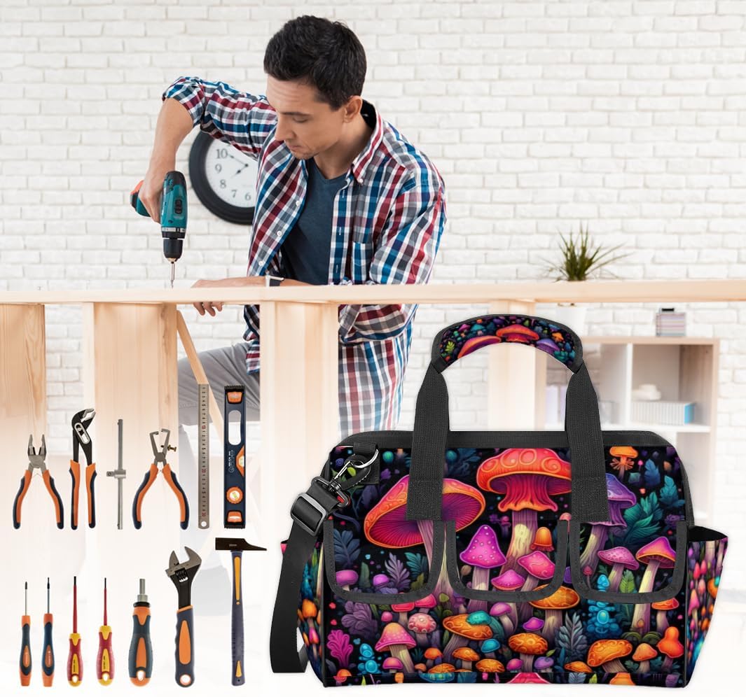 Funny Mushrooms Tool Bag with Multi-Pockets Wide Mouth Tool Tote Bag for Women and Men Waterproof Tool Organizer Storage Bag with Adjustable Shoulder Strap and Ergonomic Handle
