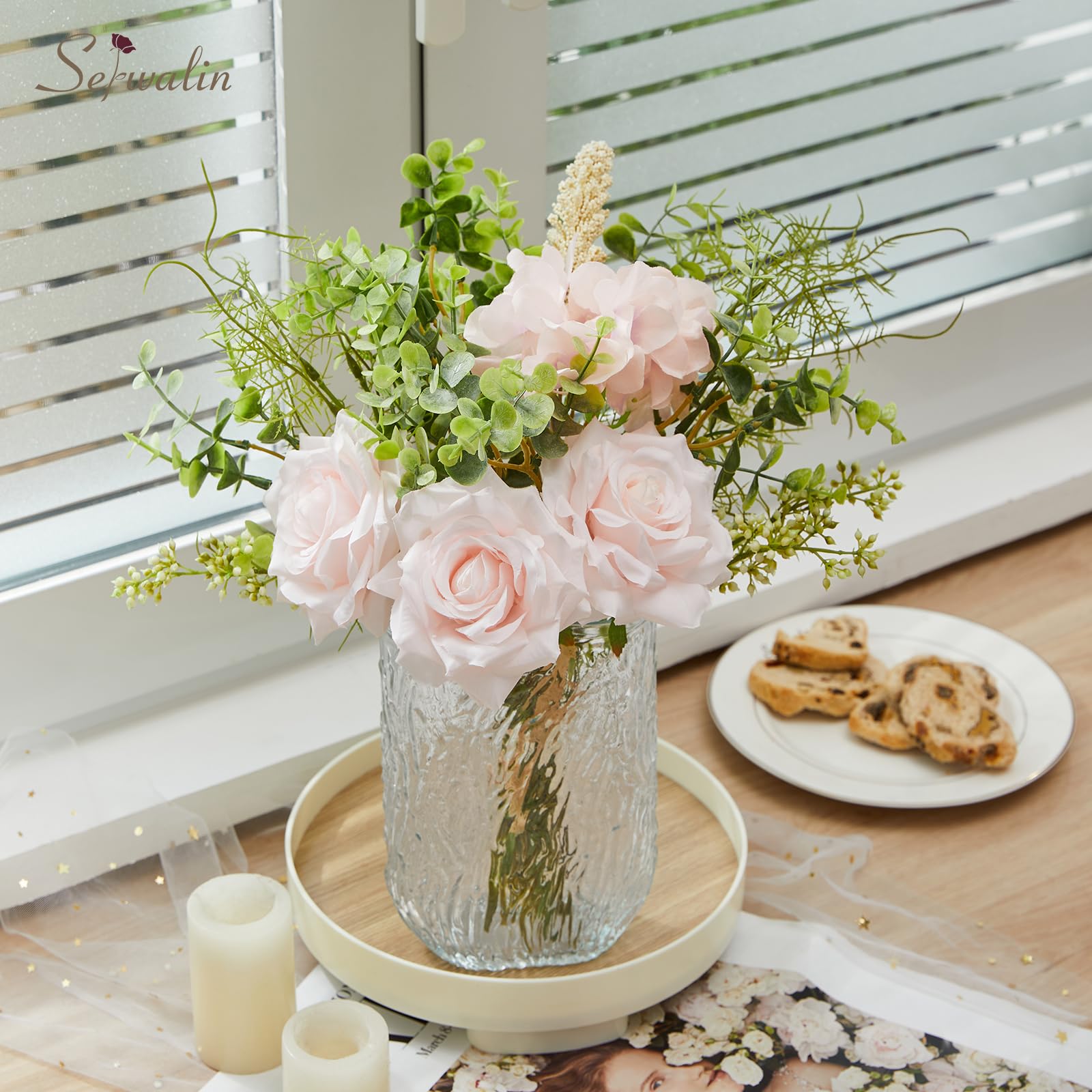 Hbluefat Fiori Finti Con Vaso In Ceramica - Crisantemo Rosa, Composizione Floreale Artificiale In Seta Per Casa, Ufficio E Cucina - Decorazione Centrotavola (8,9x8,9x18,5 Cm) - 3