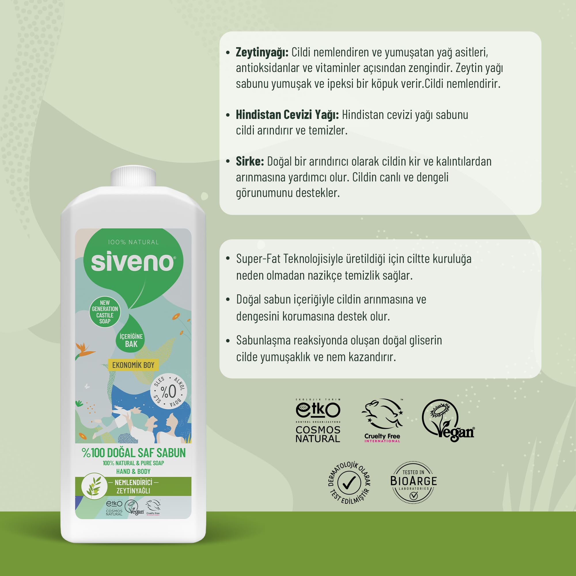 Siveno%100 Doğal Sıvı Kastil Sabun Zeytinyağlı Yoğun Nemlendirici Arındırıcı Bitkisel Vegan 1000 ml