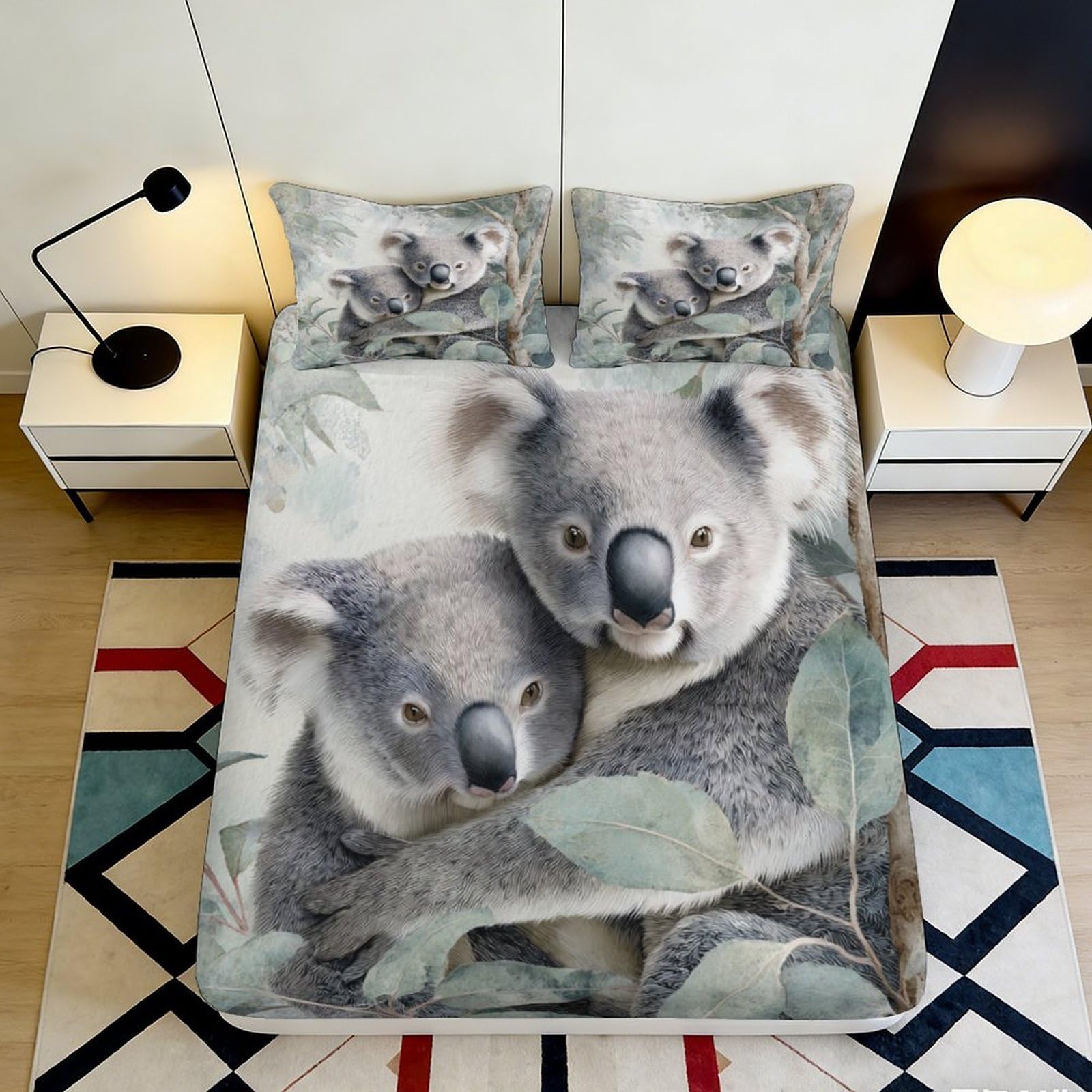 3D Printed Koala Family Fitted Sheet Microfiber Soft Grey Animal Leaves Mattress Cover for Bedroom Guest Room Decor 140x200x25cm