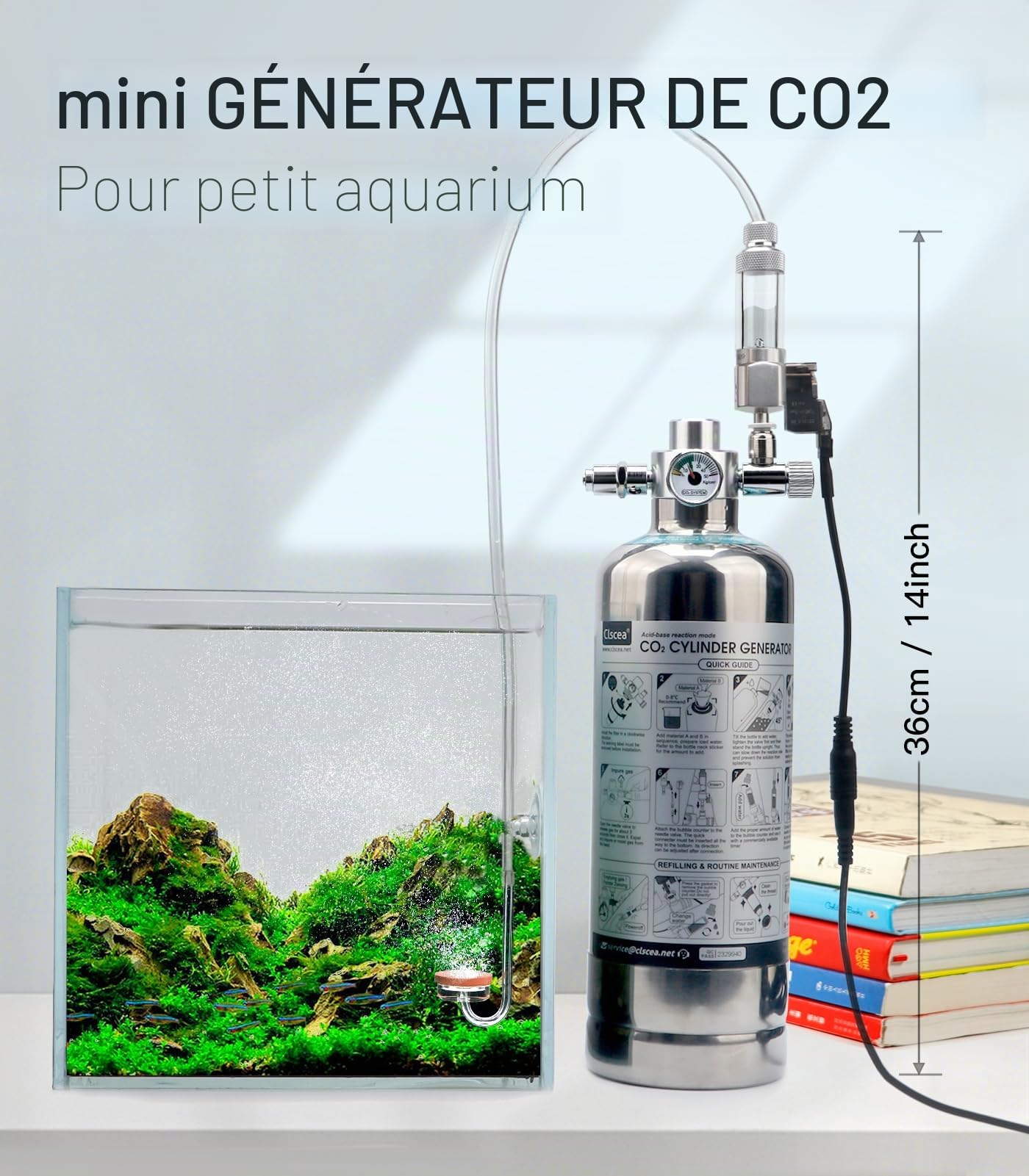 Générateur de système de CO2 d'aquarium 1 L, kit de réacteur de dioxyde de carbone en acier inoxydable avec régulateur électrovanne pour plantes d'aquarium (G600SMini), kit d'aquarium CO2