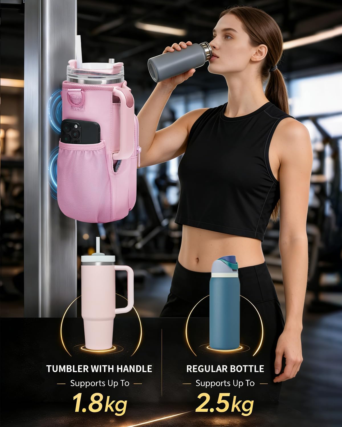 sportsnew Magnetic Gym Bag for Women Men, Water Bottle Carrier Holder with Strap & Phone Pockets for 40oz Tumbler with Handle, 4 Built-in Magnets Small Gym Bag for Sports, Workout, Fitness, Walking