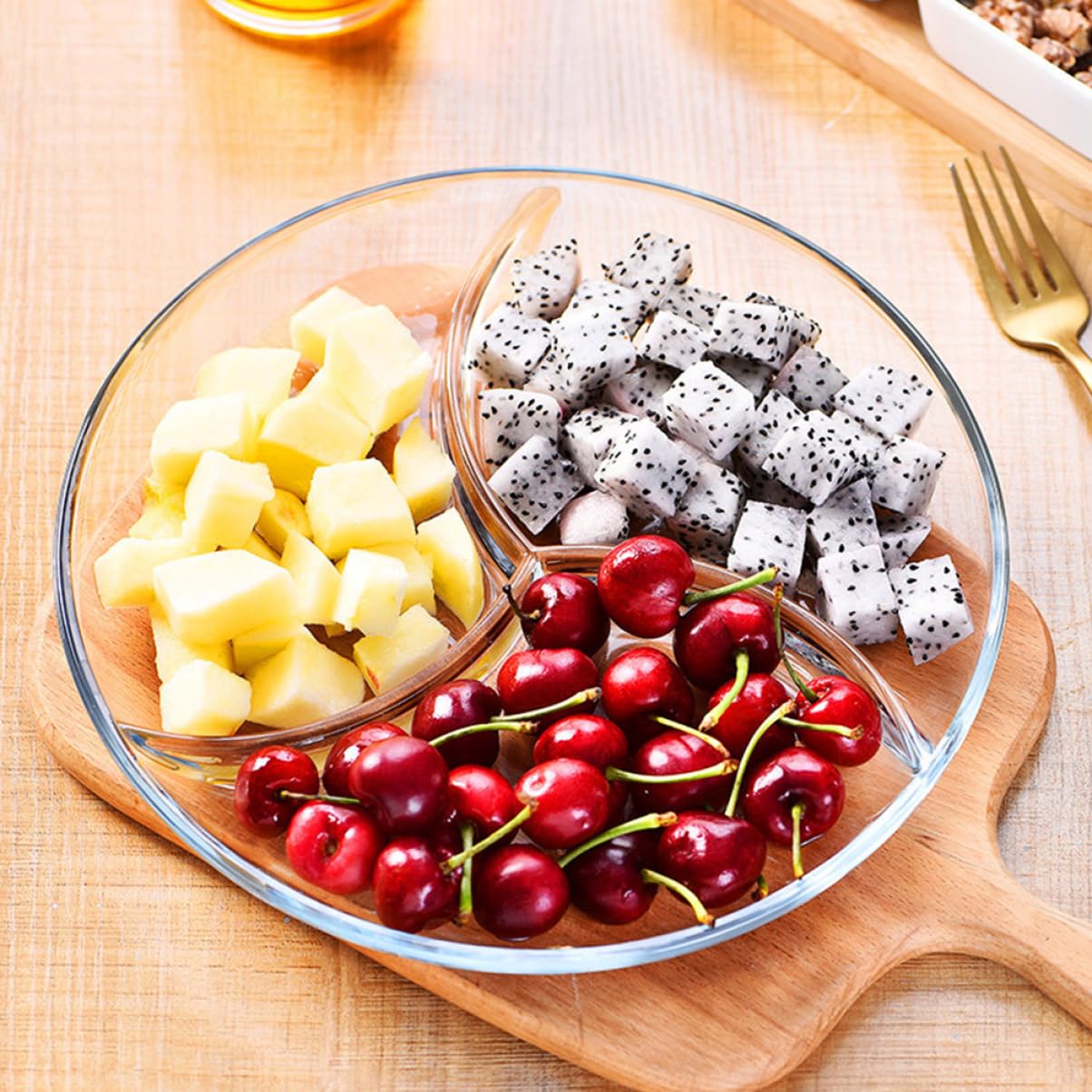 Cabilock Assiette Séparation des Aliments à 3 Compartiments Divisée en Verre Trempé Usage Facile pour Fruits et Salade Barbecue et Jardin