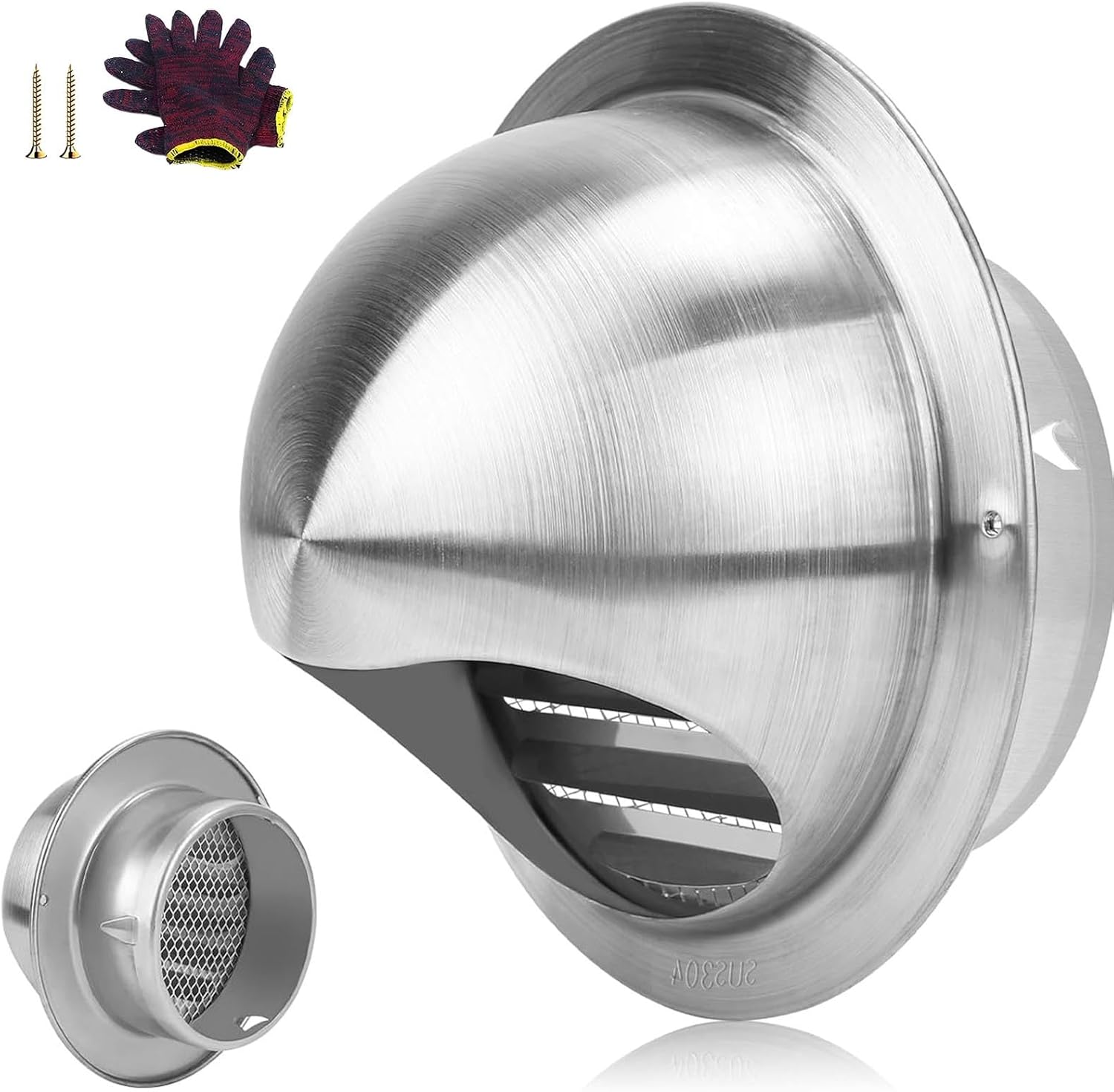 6.0in Silver 304 Stainless Steel Round Grille Vent Cover, Weather Proof Soffit Air Vent, Hood External Extractor, for Outdoor Ventilation System, 1.97in-11.8in(11.8in)