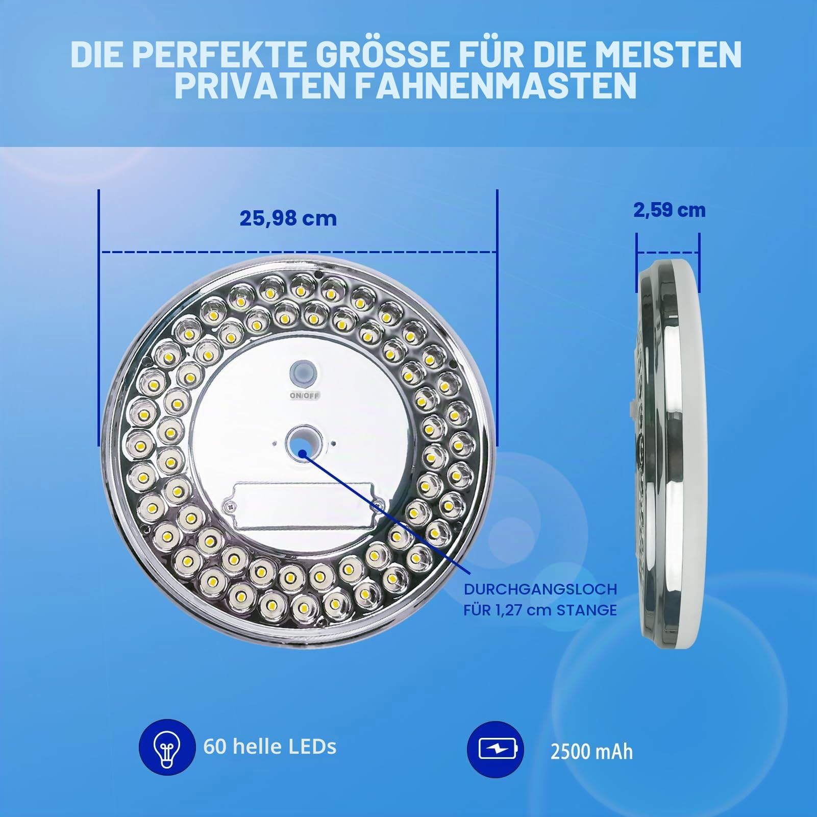 Solar-Fahnenmast der 2. Generation, 60 LEDs, superhelles Fahnenmast-Solarlicht, 30 % heller, IP65 wasserdicht, für 3.8 bis 7.5 m Boden-Teleskop-Fahnenstangen (Deluxe, silberfarben) )