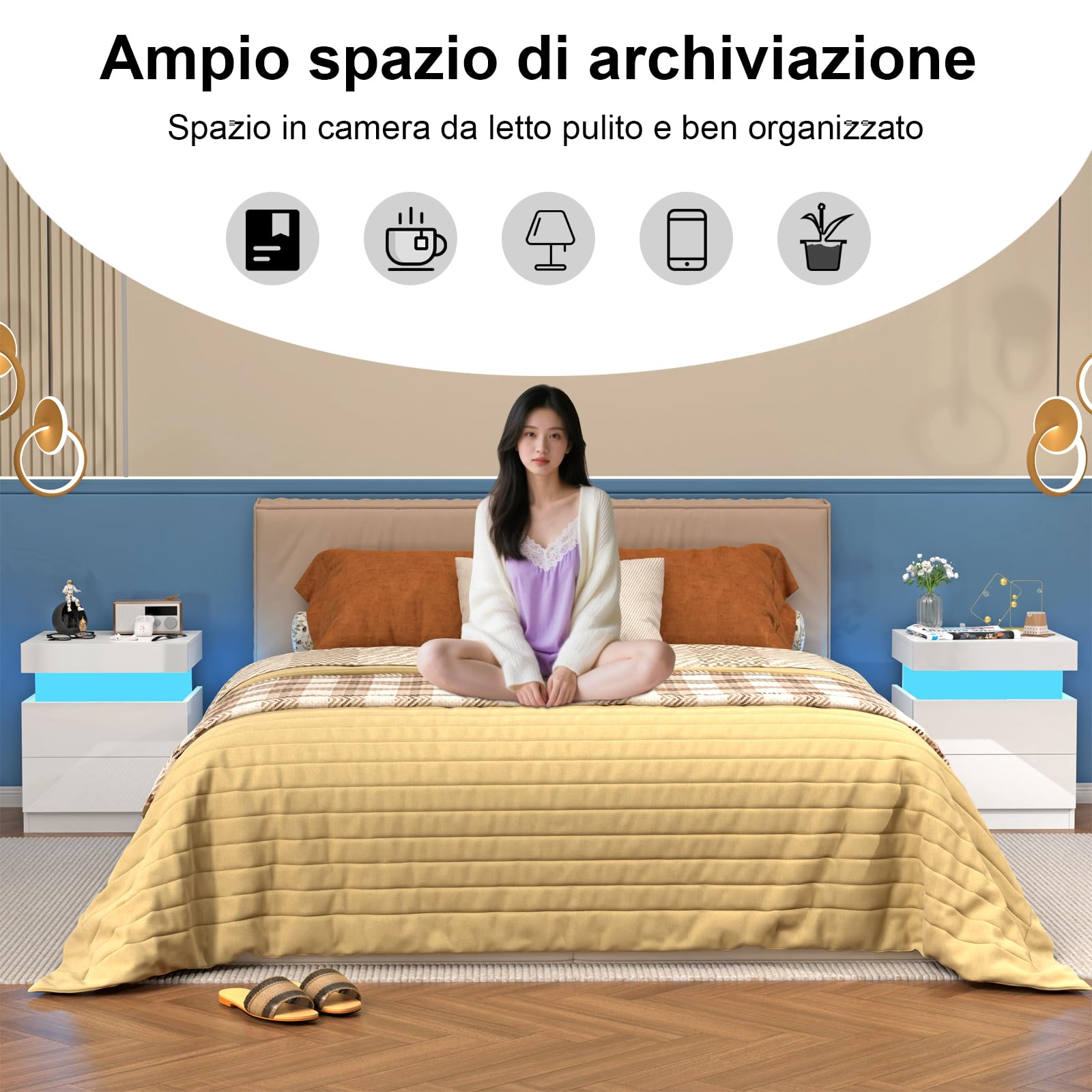 Comodino Camera da Letto con LED, Con Stazione di Ricarica, 2 Cassetti e Armadietti Scorrevoli Nascosti, Comodino Moderno, Per Arredamento Camera da Letto. (Bianco, 45x40x52cm)