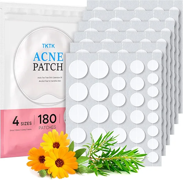 TKTK Hydrocolloid Acne Patches, Pimple Patches for Face with Tea Tree & Calendula Oil - 4 Sizes Clear Cover Stickers, Invisible for Day & Night Use (180 Count)