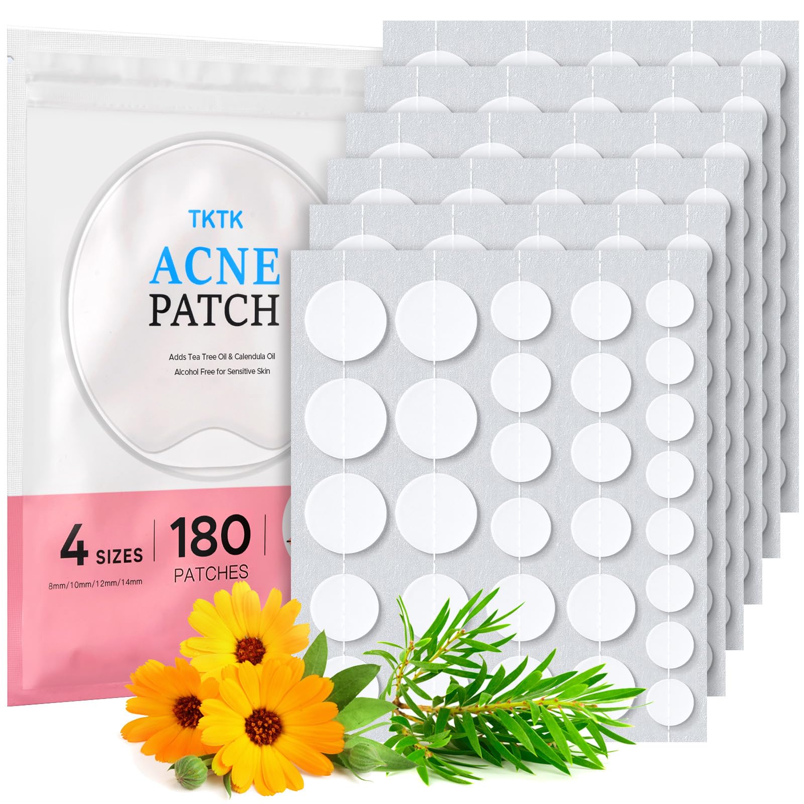 TKTK Hydrocolloid Acne Patches, Pimple Patches for Face with Tea Tree & Calendula Oil - 4 Sizes Clear Cover Stickers, Invisible for Day & Night Use (180 Count)