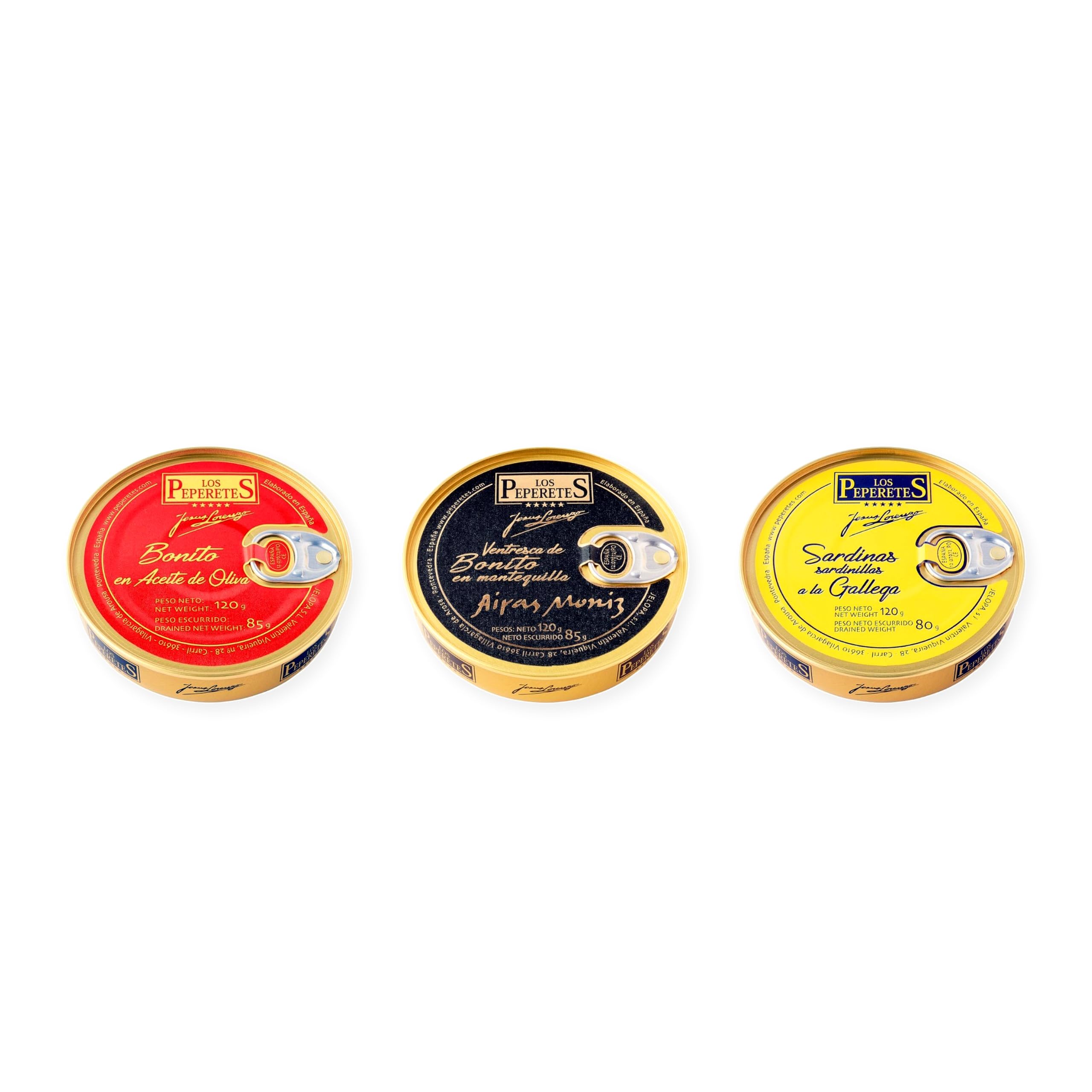 los peperetes conservas Bonito Aceite Oliva, Ventresca Bonito Mantequilla y Sardinillas Gallega pack 3 latas