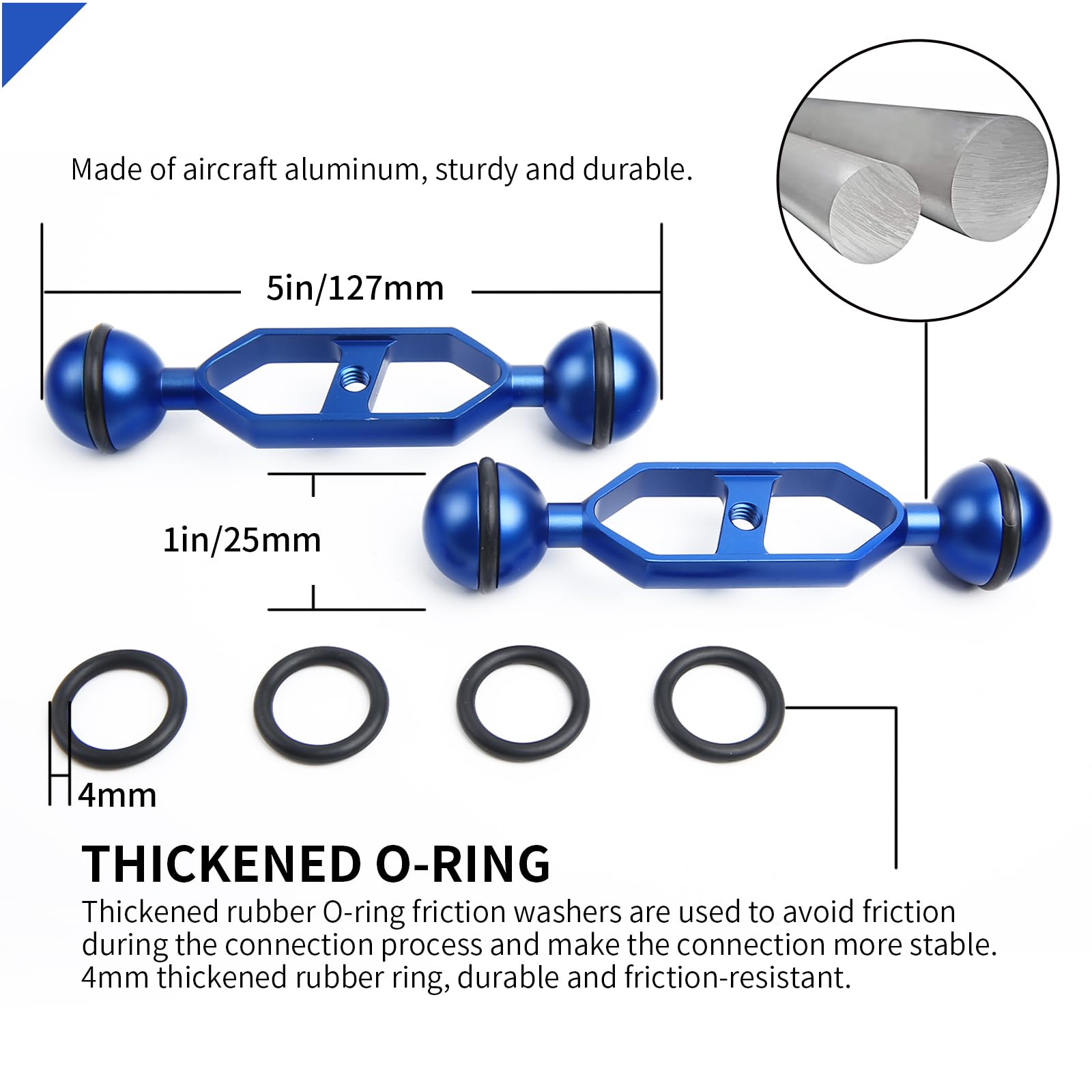 5" Double Ball Aluminiumlegierung Verlängerungsarm, 1" Kugelkopfanschluss Unterwasserarm für Stroboskop/Videolicht/Tauchkameraträger, wasserdicht und rostfrei (2er Pack)