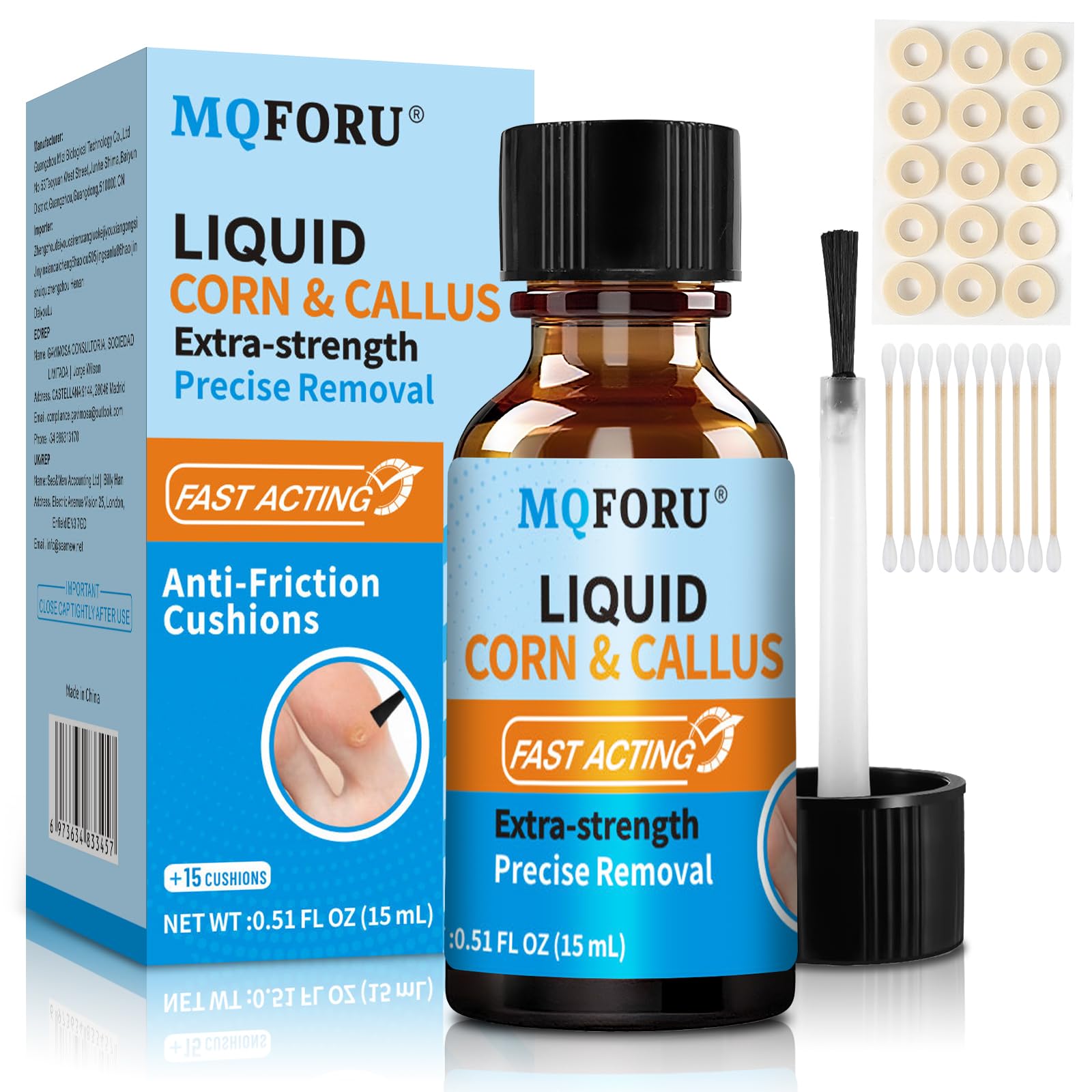 BOLHGFFORU Liquid Corn & Callus Removers for Toes & Feet, Extra Strength Corn Removal Fast Acting, 0.5 Fl oz + 15 Corn Cushions + 10 Swabs, Effective Foot Care Solution