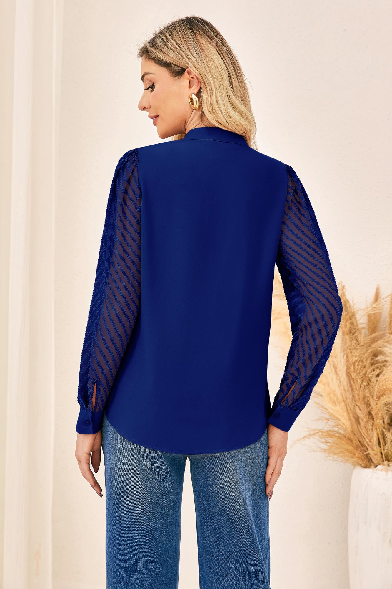 GRACE KARIN Blusa elegante para mujer, con textura, mangas semitransparentes, camisa clásica Henry con cuello en V