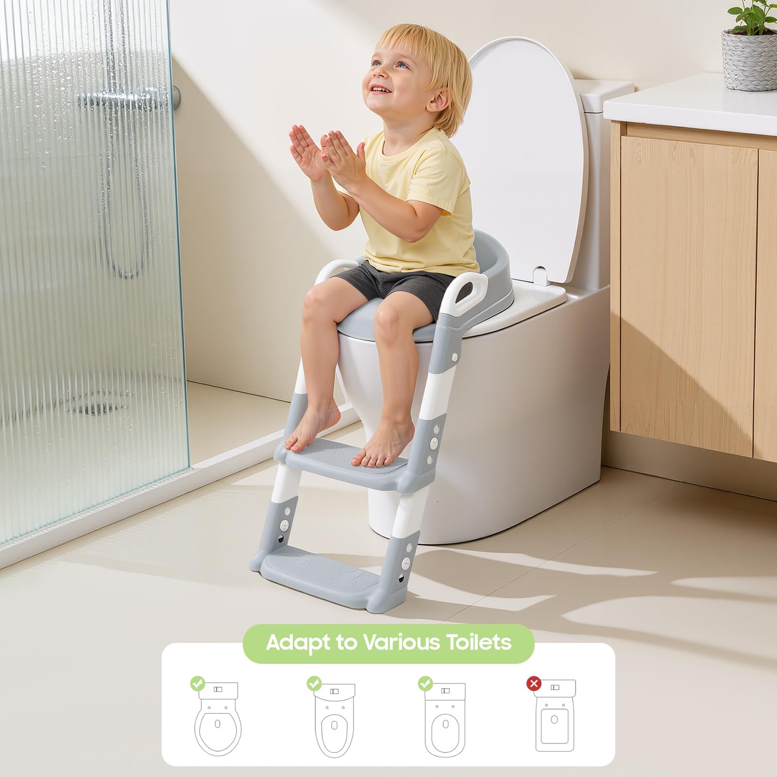 Siège de toilette pour enfant avec marche, coussin en PU détachable, réglable en hauteur 2–7 ans, siège de toilette pliable avec marche, antidérapant et sûr pour toilettes V/U/O (Gris)