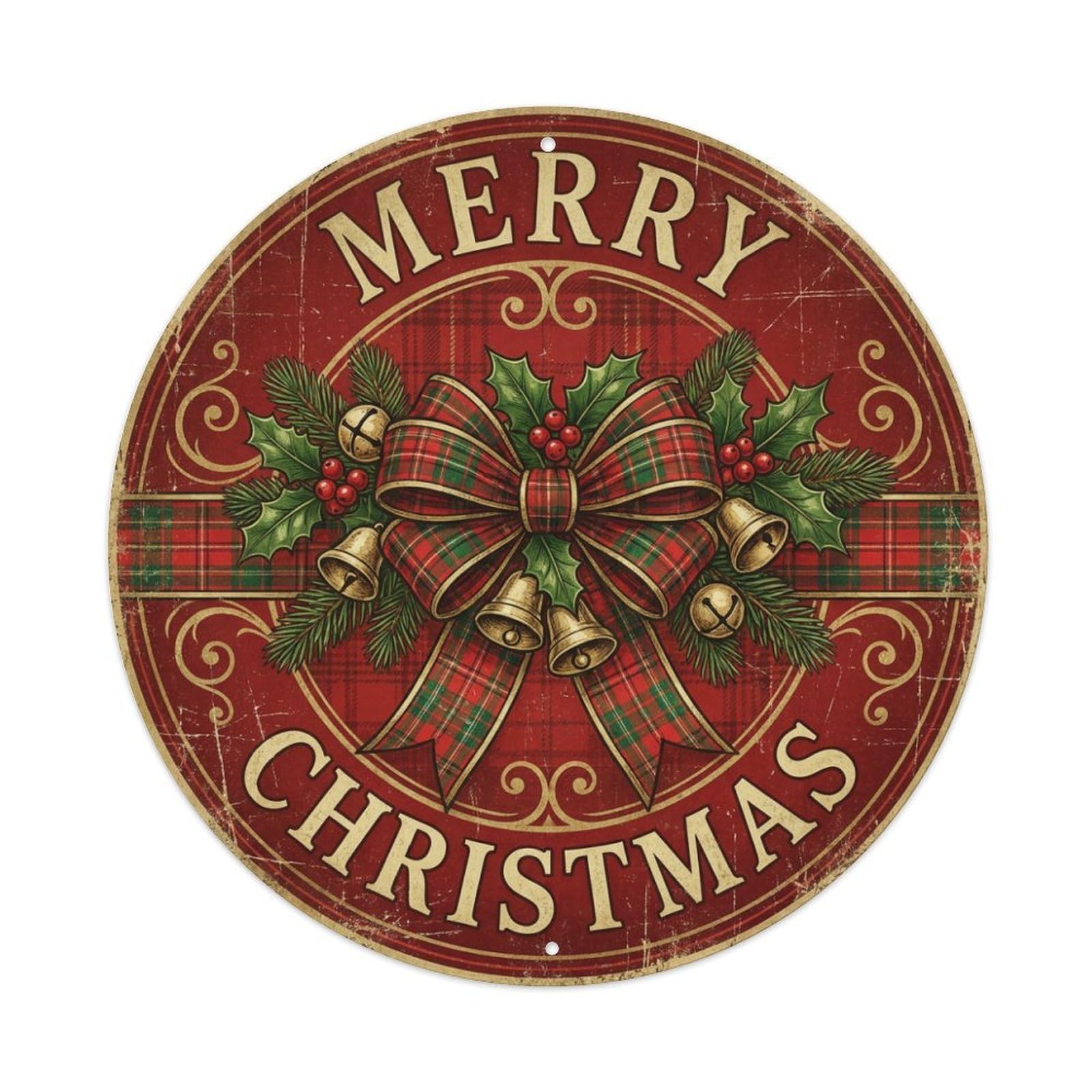 Merry Christmas Plaid Bow Ribbon Metal Tin Sign