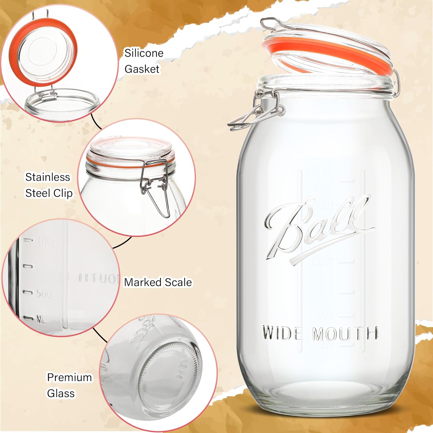 64oz Wide Mouth Mason Jars (3 Pack) – Reusable Airtight Glass Storage Jars with Hinged Lids, BPA-Free, Dishwasher Safe, Perfect for Canning, Pickling, Coffee & Fermenting - Image 6