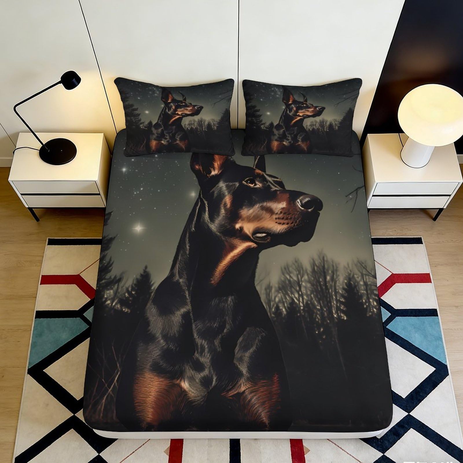 Jqzkxnhpbr Style-2 3D Printed Doberman Night Forest Fitted Sheet Microfiber Soft Non Slip Bed Cover For Bedroom Guestroom Decor 90X200x25cm