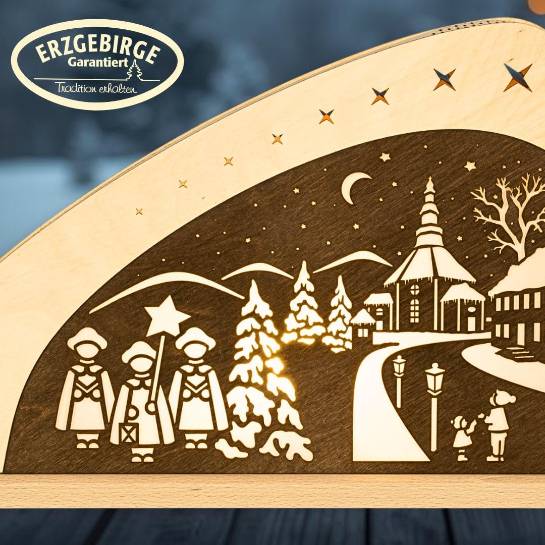 weigla - Dekoleuchte original Erzgebirge I Motiv Weihnachten in Seiffen I 1 LED Lampe I 0,8 W, E14 I Weihnachtsdeko innen I Weihnachtsbeleuchtung aus Holz I Fensterdeko