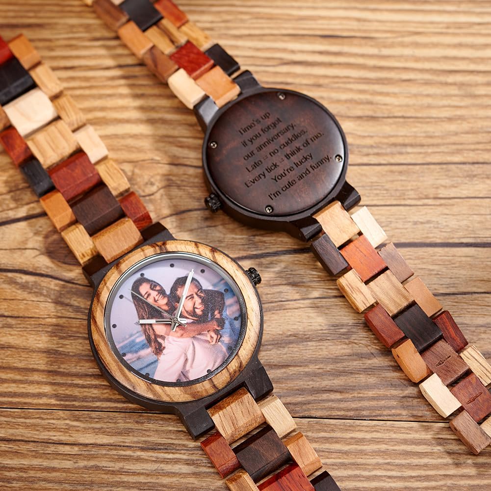 EBONY Custom Wooden Watch for Men Personalized Women Wood Wristwatch with Engraved Photo Design Luminous Hands Unique Gift for Birthday Anniversary or Wedding