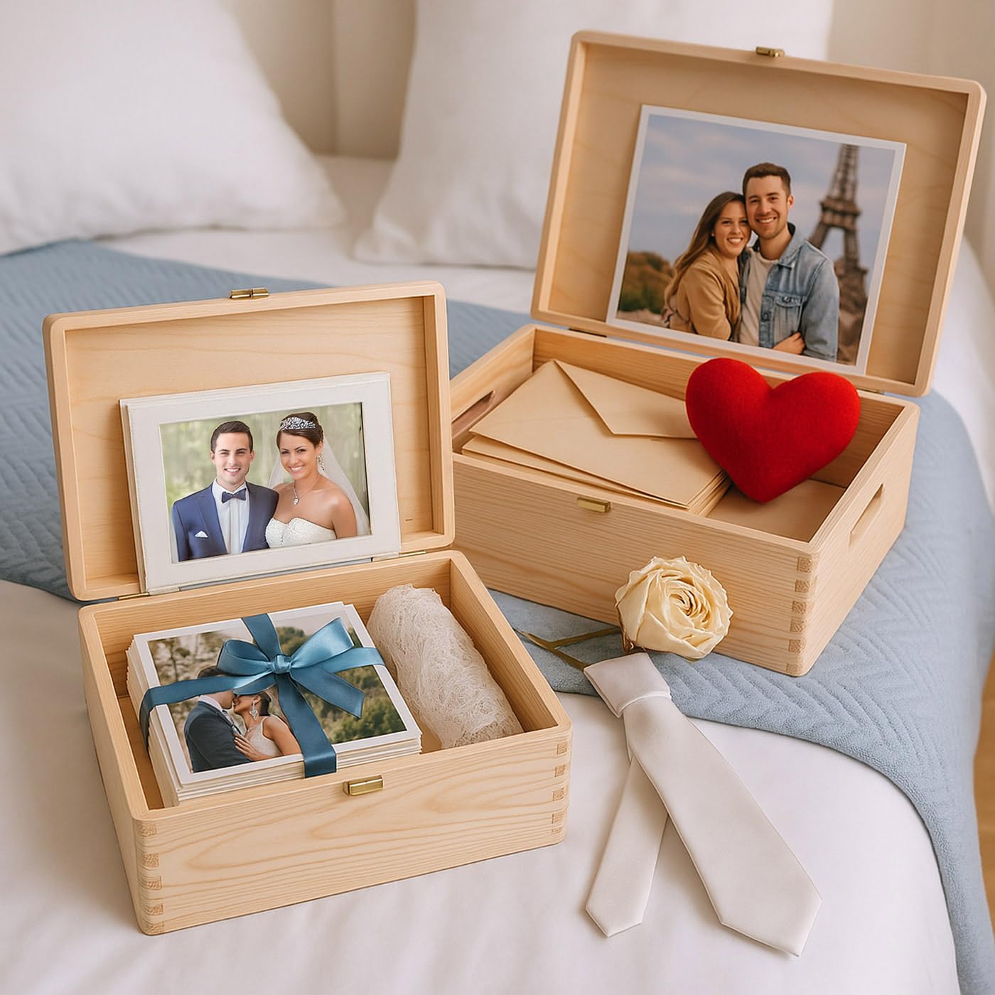 Maverton Boite a Souvenir Personnalisable - Cadeau Personnalisé pour couple - L/XL Boite de Rangement avec Couvercle en Bois de Pin Naturel - Cadeau Noel - Cadeau Mariage Anniversaire Amoureux