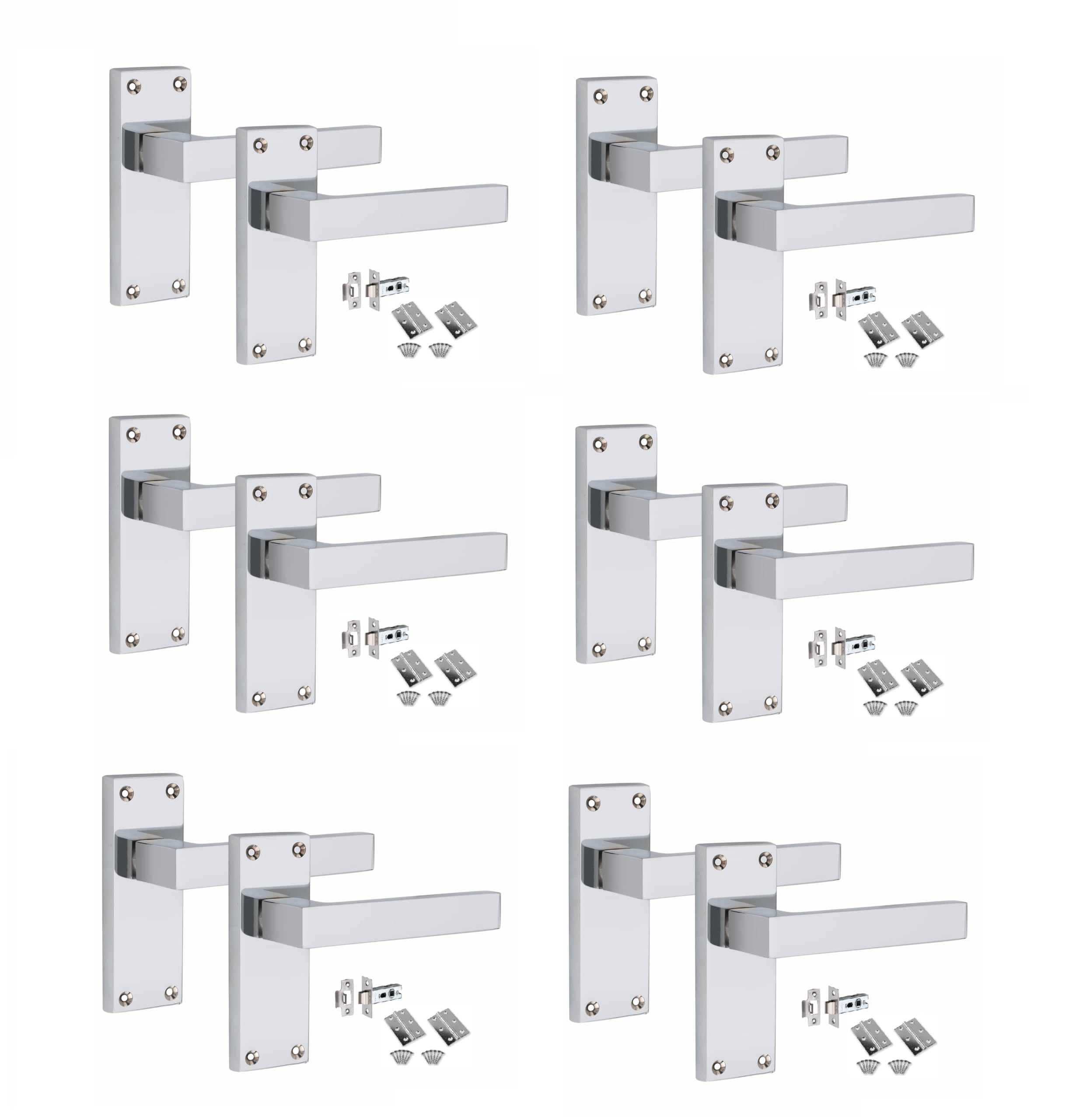 Golden Grace Victorian Straight Delta Door Handles Latch in Polished Chrome with 1 Pair of 3" Standard Butt Hinges & Latches Pack, 6 Sets - 120mm x 40mm Backplate