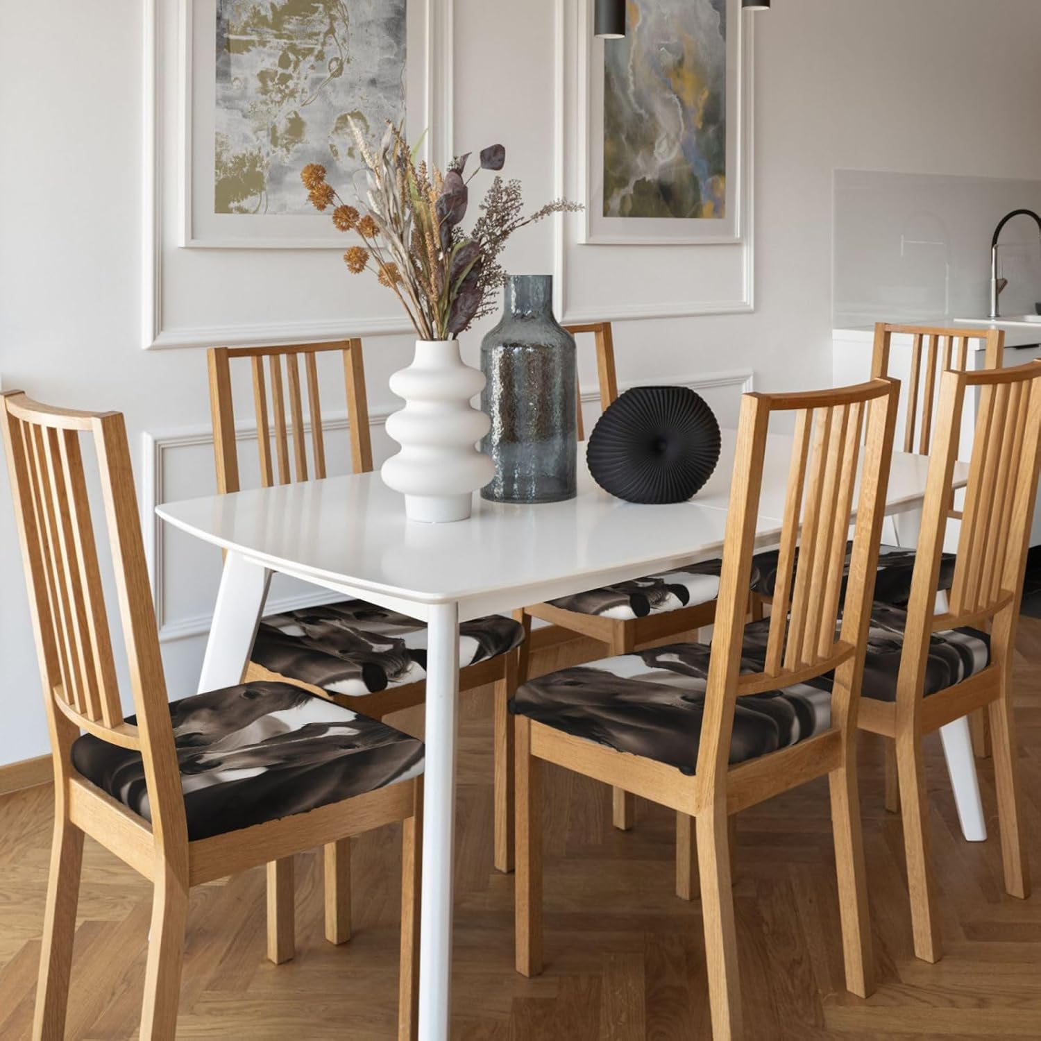 Two Horses Print Square Cushion Covers 6 Pcs Set Elastic Non-Slip Seat Cushion Slipcovers Pet Furniture Protectors for Chair, Sofa