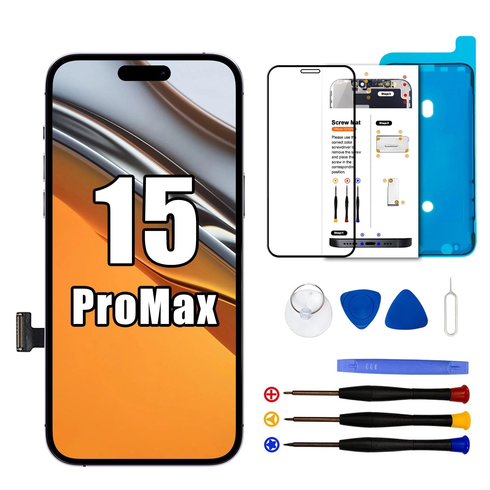 Dinow Pantalla para iPhone 15 Pro MAX, Pantalla LCD de 6.7” para iPhone 15 Pro MAX, Pantalla para iPhone 15 ProMax LCD de Repuesto con Kit de reparación, Compatible con el A3106, A2849, A3105, A3108