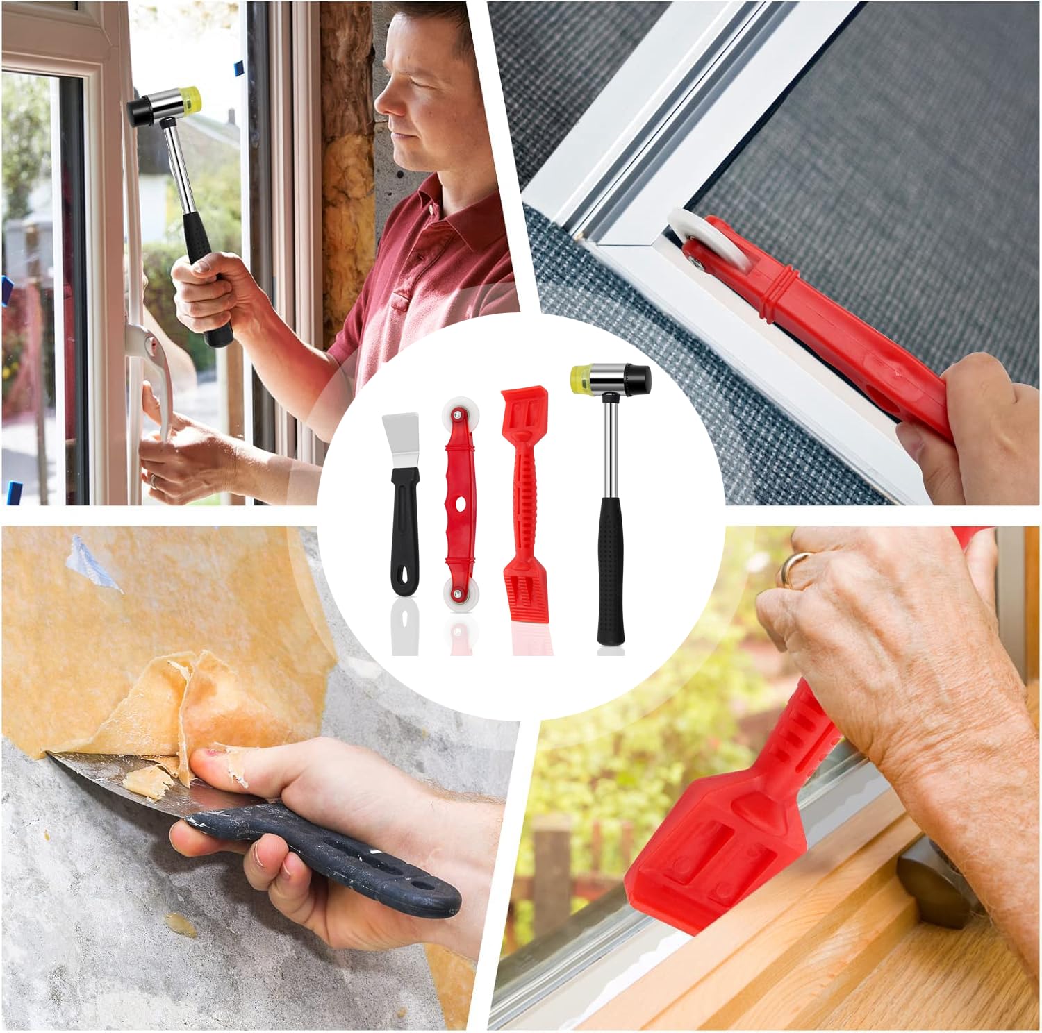 Window Glazing Tool Kit, 4PCS Heavy-Duty Glazing Tools, Red Window Roller - Image 3