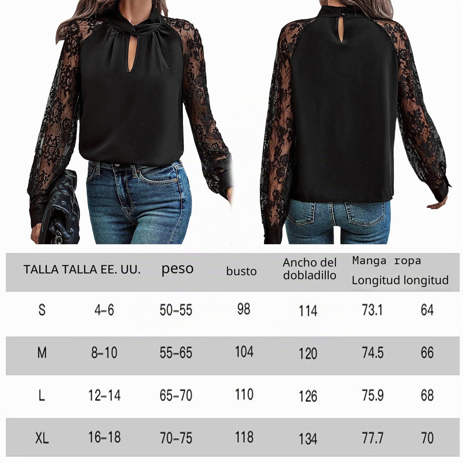 Blusa De Manga Larga con Detalle De Encaje Recortado, Blusa De Malla Transparente con Mangas Largas Y Encaje para Mujer (M,Negro)