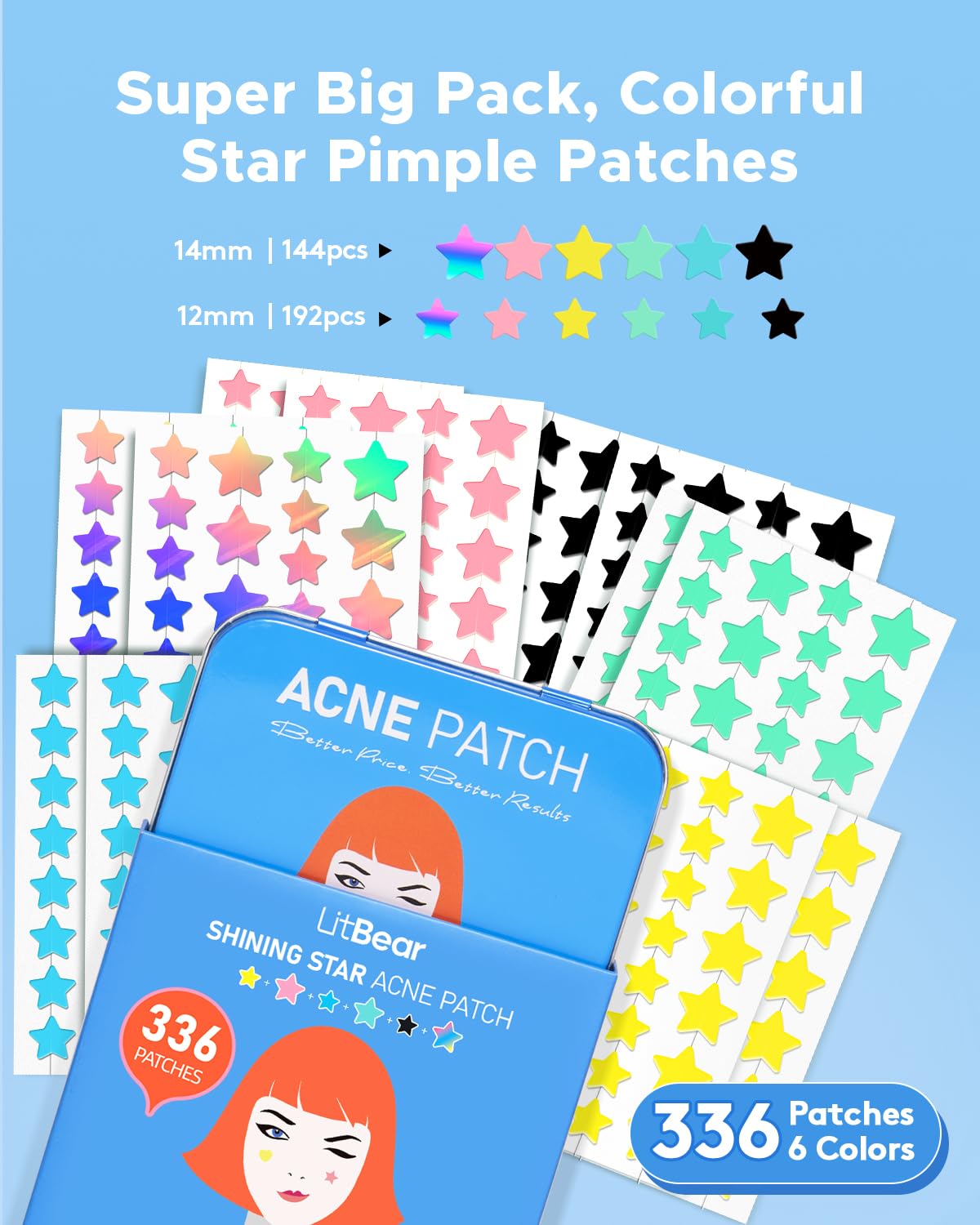 LitBear Acne Pimple Patch, 6 Colors 336 Dots Star Pimple Patches with Case, Tea Tree Oil & Centella Oil - Image 2