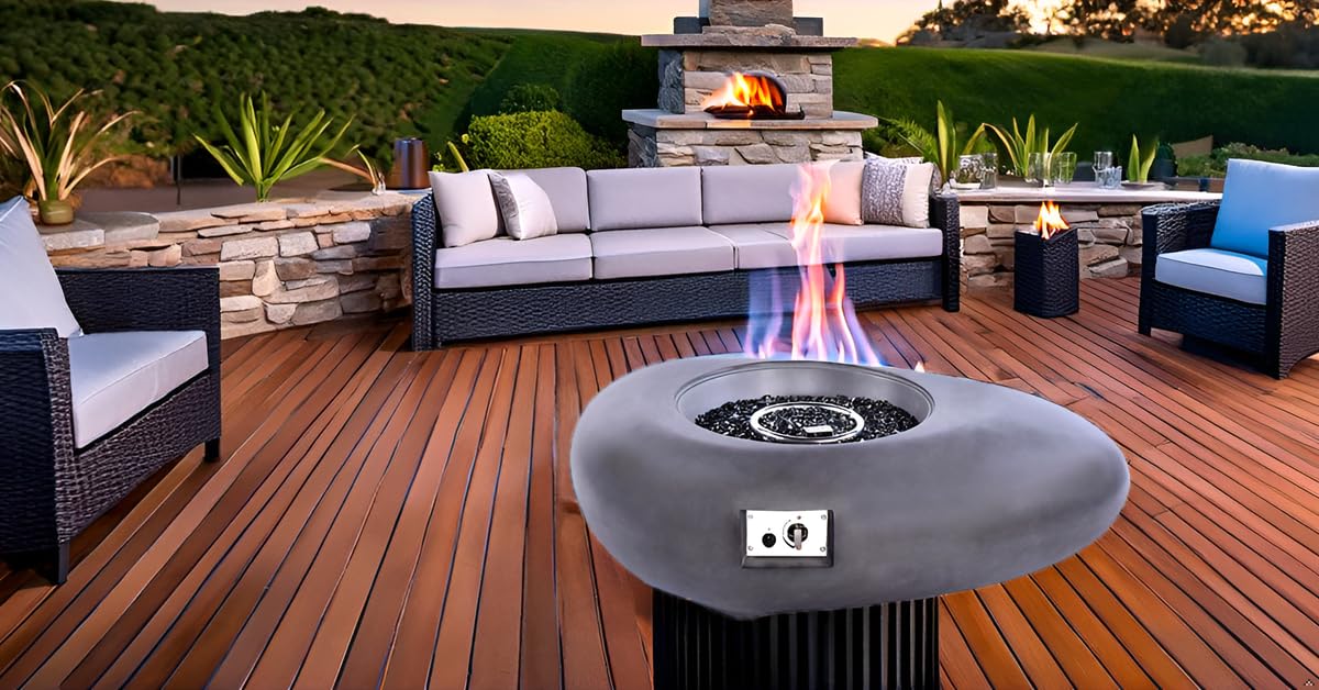 Riscaldatore a gas per esterno ATENA | Stufa a pavimento da 14 kW (120mq) con coperchio bruciatore e copertura antipioggia + Pietra e Legna decorativa