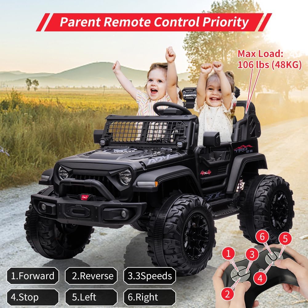 24V 2 Seaters Kids Ride On Truck with Remote Control, 20" Large Seat + 15.5" Wheels, Electric Vehicle Car with LED Light,Large Storage Space, Bottle Holder,Music, Horn,USB for Kids (Black)