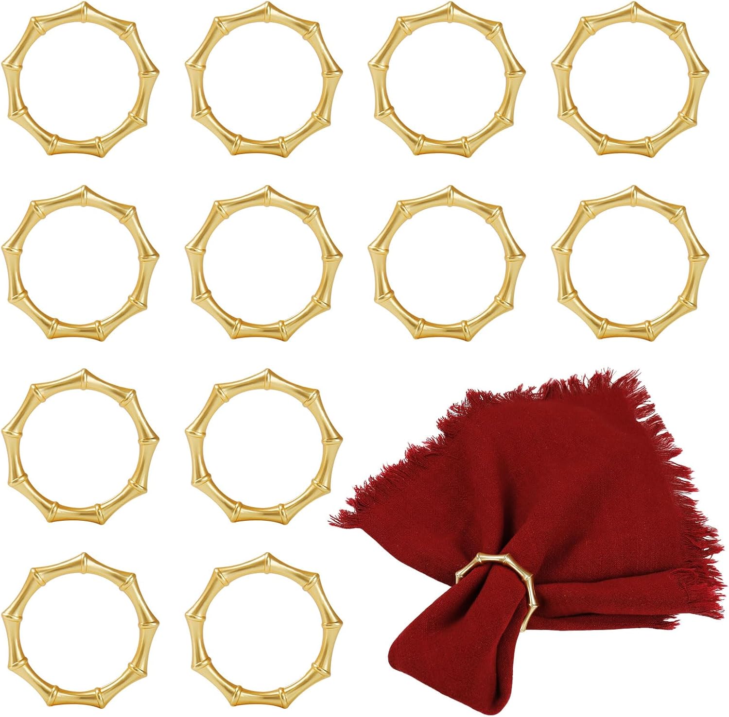 Gold Metal Bamboo Napkin Rings Set of 12-Inspired Gold Napkin Rings - Enhance Your Table Decor for Weddings, Family Dinners, Parties, Christmas, Thanksgiving, and Birthdays