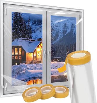 Augblinds Window Insulation Kit, Plastic Window Covering 62 Inch Wide 393 Inch Length with Double-Sided Tape, Insulator Seal Kit for 10 - 3x5 Windows Winterizing for Winter, 1 Roll Clear