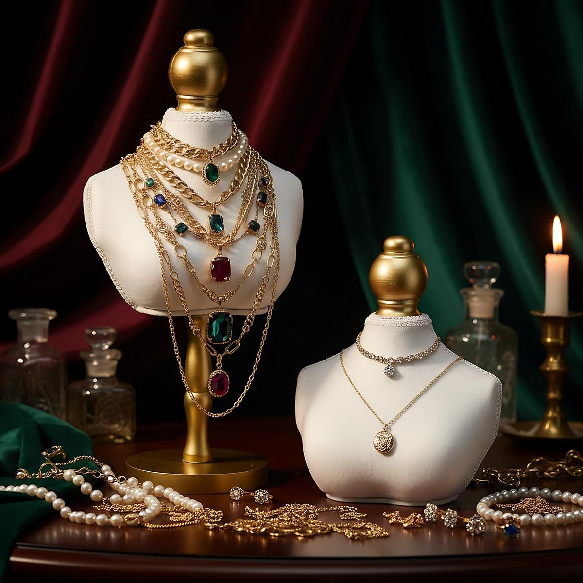 AceOrbit 2 Pcs Vintage Velvet Necklace Display Stand Mannequin Velvet Jewelry Necklace Holder Elegant Decor for Wedding Jewelry Selling Trade Shows(White,13.8 and 6.7 Inches)