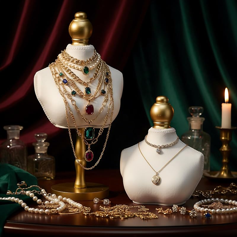 AceOrbit 2 Pcs Vintage Velvet Necklace Display Stand Mannequin Velvet Jewelry Necklace Holder Elegant Decor for Wedding Jewelry Selling Trade Shows(White,13.8 and 6.7 Inches)