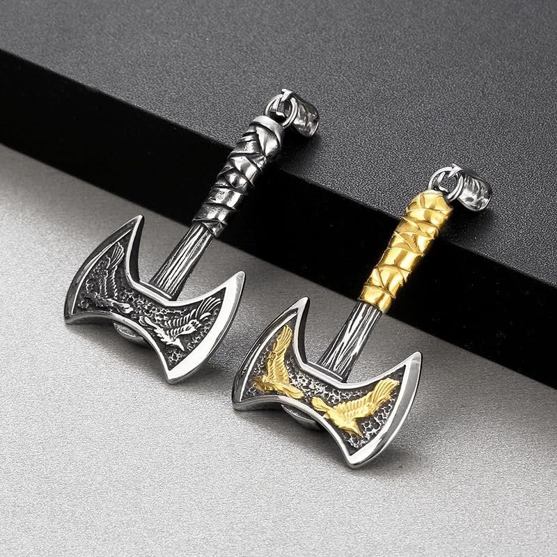 Nordic Viking Axe Necklace, Nordic Mythical Odin Double Headed Axe Crow Pendant, Men's Stainless Steel Pendant - Image 4