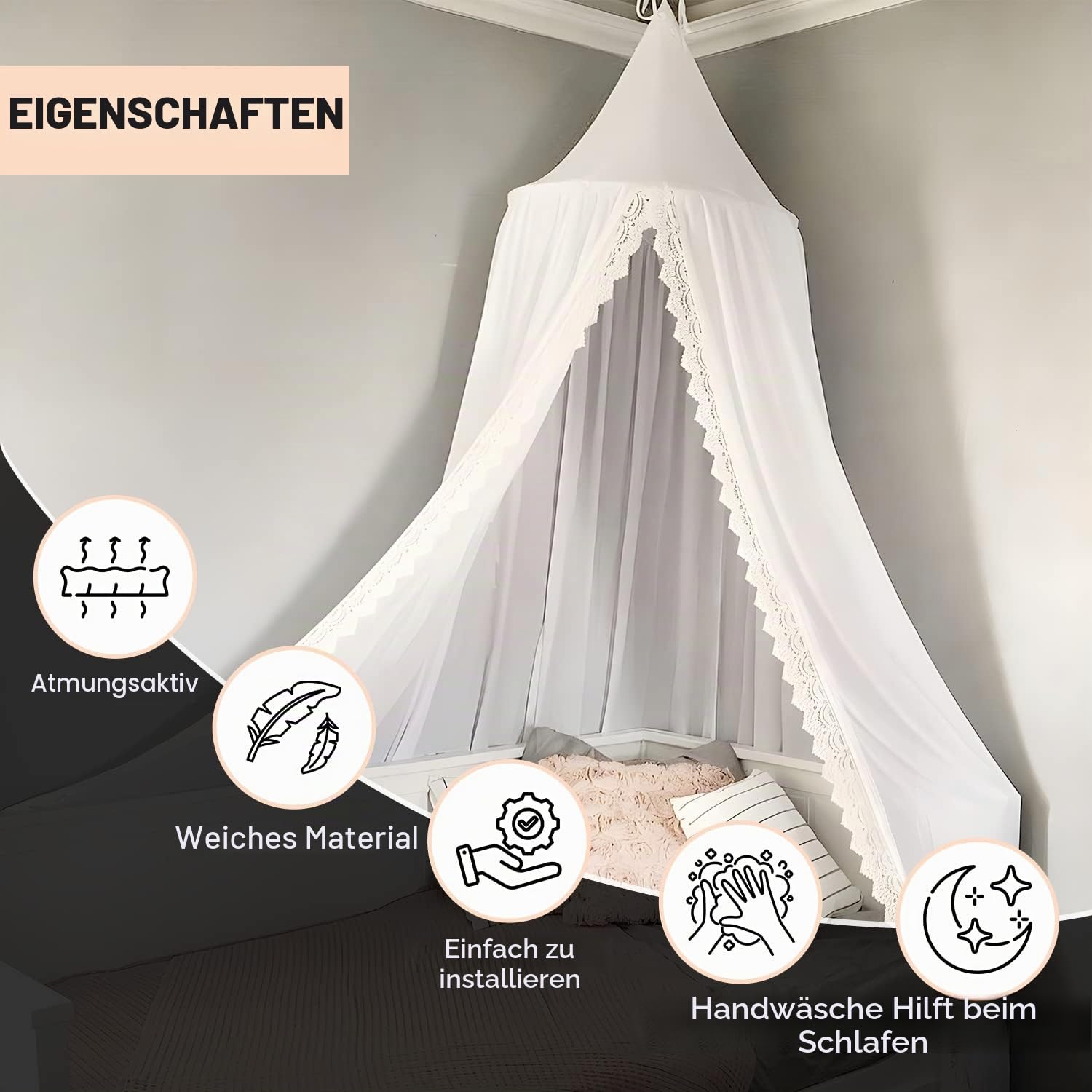 Betthimmel, Baldachin für Kinderzimmer Babybett Baldachin mit Lace Spitze Himmelbett Vorhänge für Babynest Moskitonetz Princess Bed Canopy